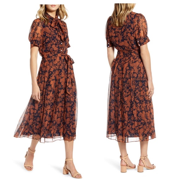 1901 Floral Print Pearl Button Pleated Chiffon Midi Dress L - Picture 10 of 13
